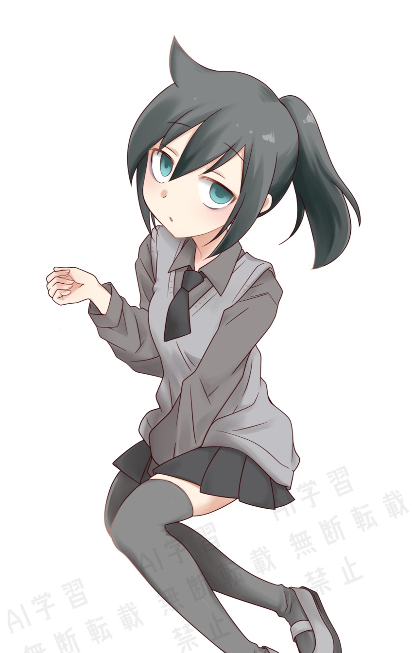 1girl bags_under_eyes between_legs black_hair black_necktie black_skirt commentary_request green_eyes grey_footwear grey_shirt grey_sweater_vest grey_thighhighs hair_between_eyes hand_between_legs highres hikaru_(ofuton_at5) invisible_chair kuroki_tomoko long_hair long_sleeves looking_at_viewer miniskirt necktie official_alternate_costume official_alternate_hairstyle parted_lips pleated_skirt ponytail school_uniform shirt shoes short_necktie sidelocks simple_background sitting skirt solo sweater_vest thighhighs uwabaki watashi_ga_motenai_no_wa_dou_kangaetemo_omaera_ga_warui! watermark white_background