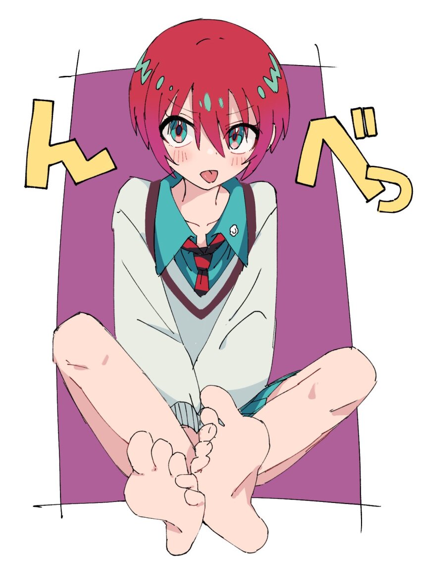 1girl :p amate_yuzuriha aqua_eyes aqua_skirt barefoot blush crossed_legs gundam gundam_gquuuuuux highres long_sleeves looking_at_viewer necktie red_hair sabi1234 school_uniform shirt short_hair sitting skirt solo sweater tongue tongue_out