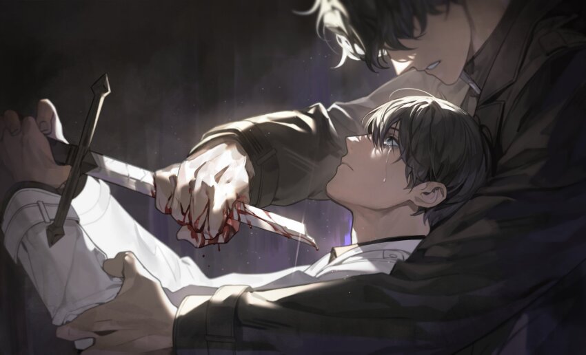 2boys attempted_suicide bab_du_666 black_coat black_eyes black_hair black_shirt blood blood_on_hands bloody_weapon broken broken_sword broken_weapon coat crying hand_on_another&#039;s_arm hand_on_blade highres holding holding_sword holding_weapon kim_dokja long_sleeves looking_at_another male_focus multiple_boys omniscient_reader&#039;s_viewpoint shirt short_hair sword very_short_hair weapon white_coat yoo_joonghyuk