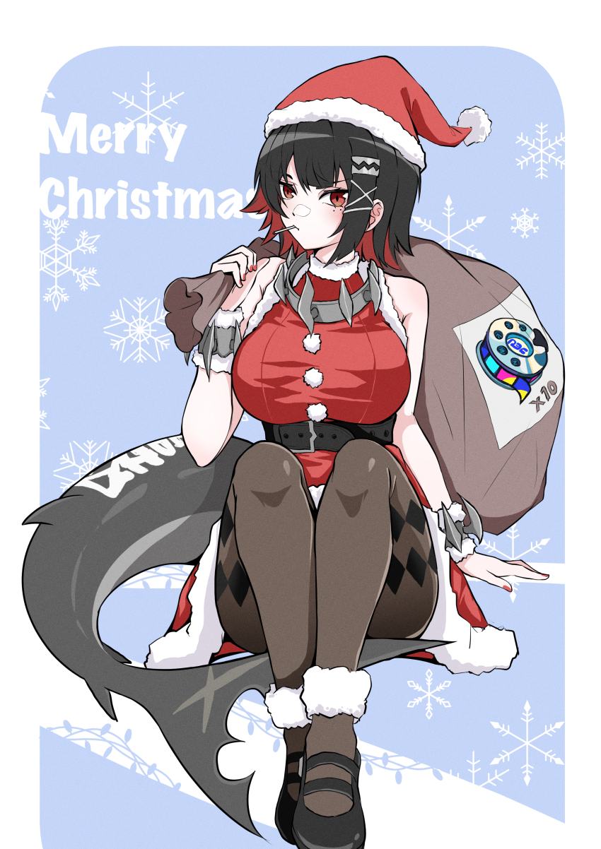 1girl absurdres akira_ruyu alternate_costume bag black_hair black_thighhighs breasts candy collar colored_inner_hair ellen_joe facing_viewer fins fish_tail food full_body hat highres holding holding_bag large_breasts lollipop merry_christmas multicolored_hair on_floor pantyhose red_eyes red_hair santa_costume santa_hat shark_girl shark_tail sitting solo spiked_collar spikes tail thighhighs zenless_zone_zero