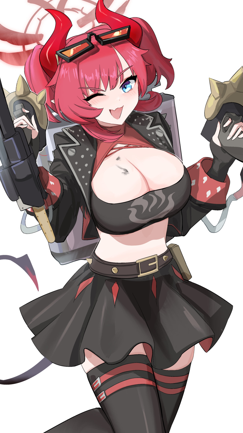 1girl ;d absurdres black_skirt black_thighhighs blue_archive bonefire0909 breasts burnice_white burnice_white_(cosplay) cleavage cosplay eyewear_on_head flamethrower halo highres holding_flamethrower holding_weapon horns large_breasts looking_at_viewer megu_(blue_archive) one_eye_closed open_mouth red_halo red_horns skirt smile solo sunglasses thighhighs zenless_zone_zero zettai_ryouiki