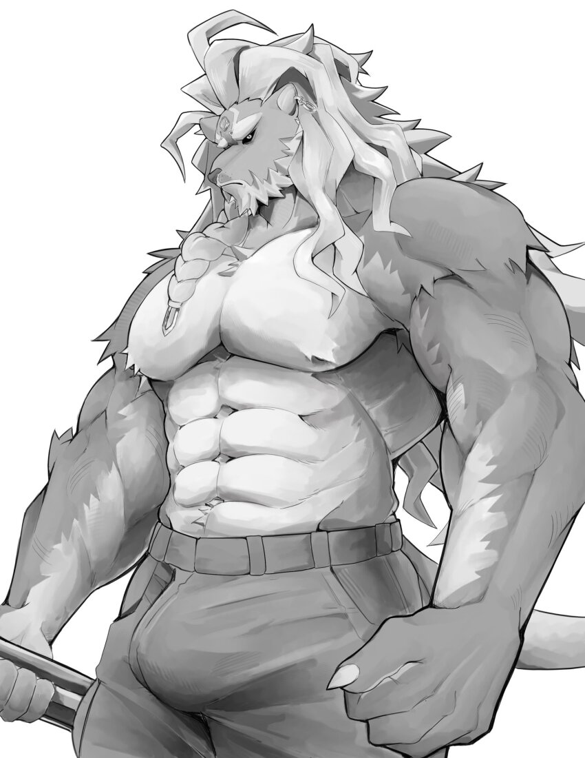 1boy abs animal_ears bara black_sclera braid bulge claws clenched_hands colored_sclera commentary dislyte ear_piercing english_commentary furry furry_male greyscale highres holding holding_weapon javid_(shamash)_(dislyte) lion_boy lion_ears lion_mane lion_tail looking_at_viewer male_focus monochrome muscular muscular_male navel pectorals piercing profile tail topless_male weapon white_background yuku31897736