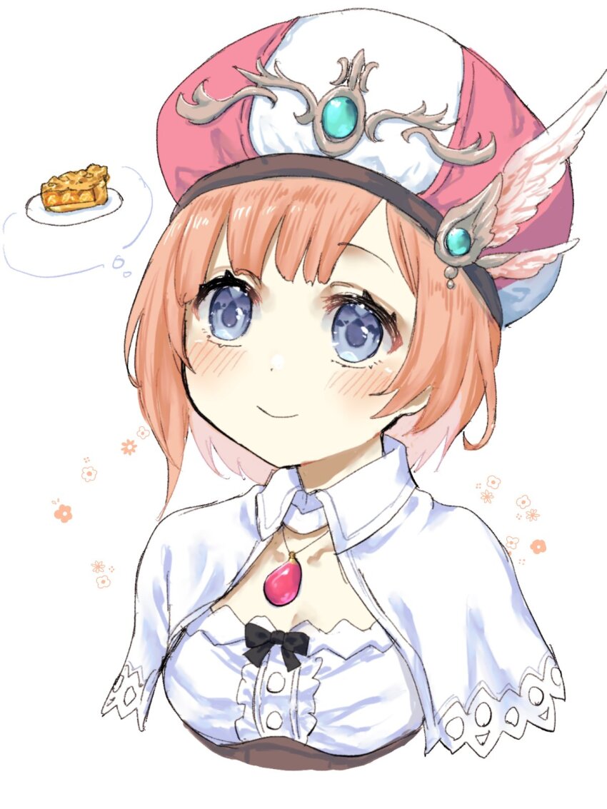 1girl atelier_(series) atelier_rorona blue_eyes blush breasts capelet closed_mouth commentary_request cropped_torso food hat highres jewelry kona_(atrkona) looking_at_viewer necklace orange_hair pie pie_slice pink_hat plate rorolina_frixell short_hair simple_background small_breasts smile solo speech_bubble thought_bubble upper_body white_background white_capelet