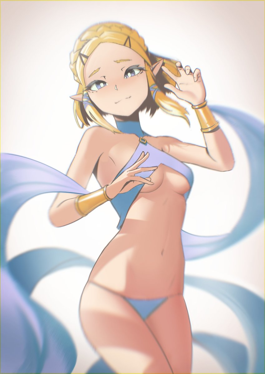 1girl absurdres alternate_costume bad_id bad_twitter_id bikini blonde_hair blue_bikini blue_eyes blush bracer breasts bright_pupils halterneck highres lem looking_at_viewer nintendo pointy_ears princess_zelda revealing_clothes short_hair smile solo swimsuit the_legend_of_zelda the_legend_of_zelda:_breath_of_the_wild the_legend_of_zelda:_tears_of_the_kingdom underboob white_pupils