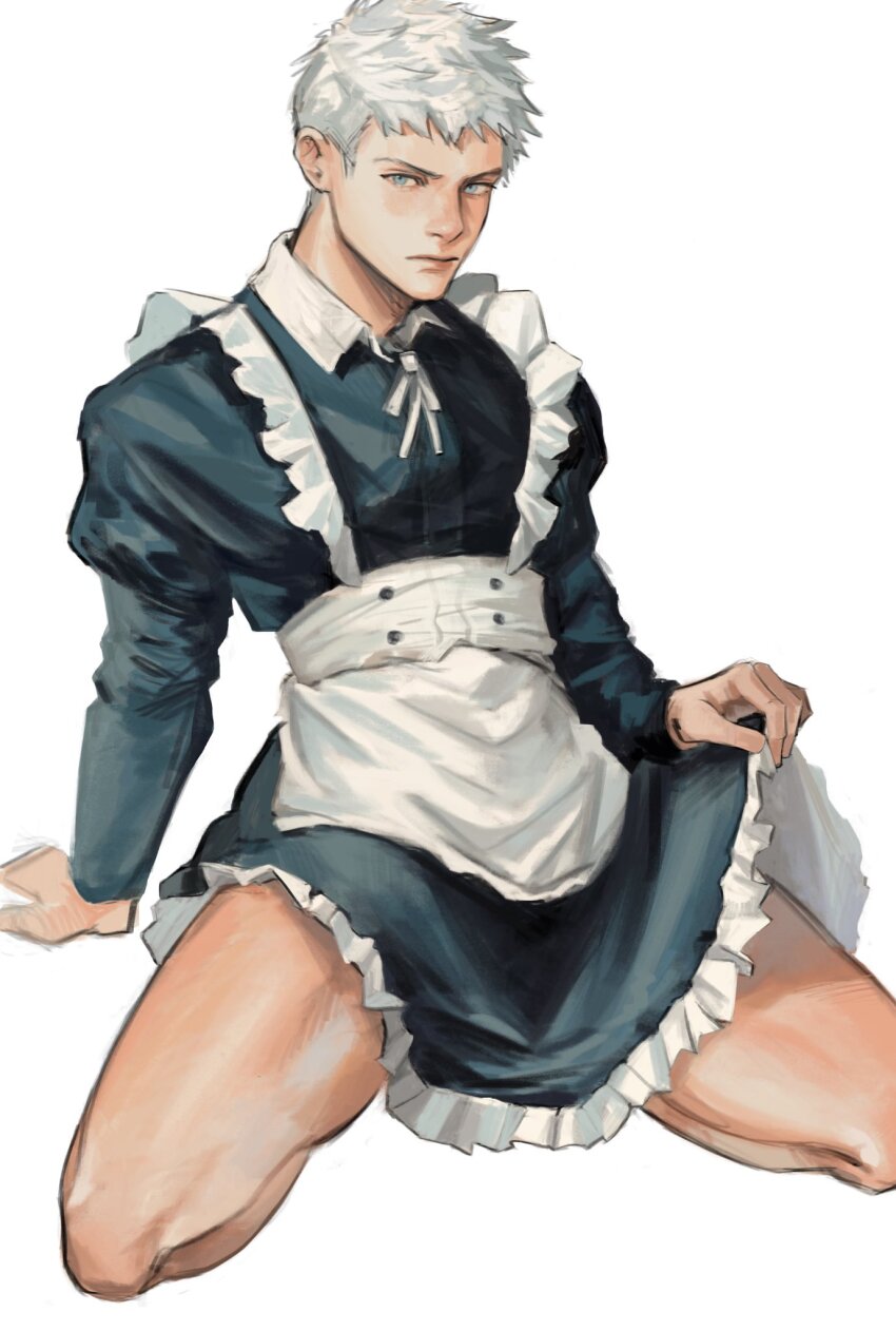 1boy alternate_costume apron arm_support blue_eyes closed_mouth clothes_lift collared_dress commentary crossdressing devil_may_cry_(series) devil_may_cry_5 dress english_commentary enmaided frilled_dress frills highres juliet_sleeves kdf_(nomorelemontea) lifting_own_clothes long_sleeves maid maid_apron male_focus neck_ribbon nero_(devil_may_cry) puffy_sleeves ribbon short_hair simple_background sitting skirt skirt_lift solo very_short_hair wariza white_background white_hair white_ribbon wing_collar