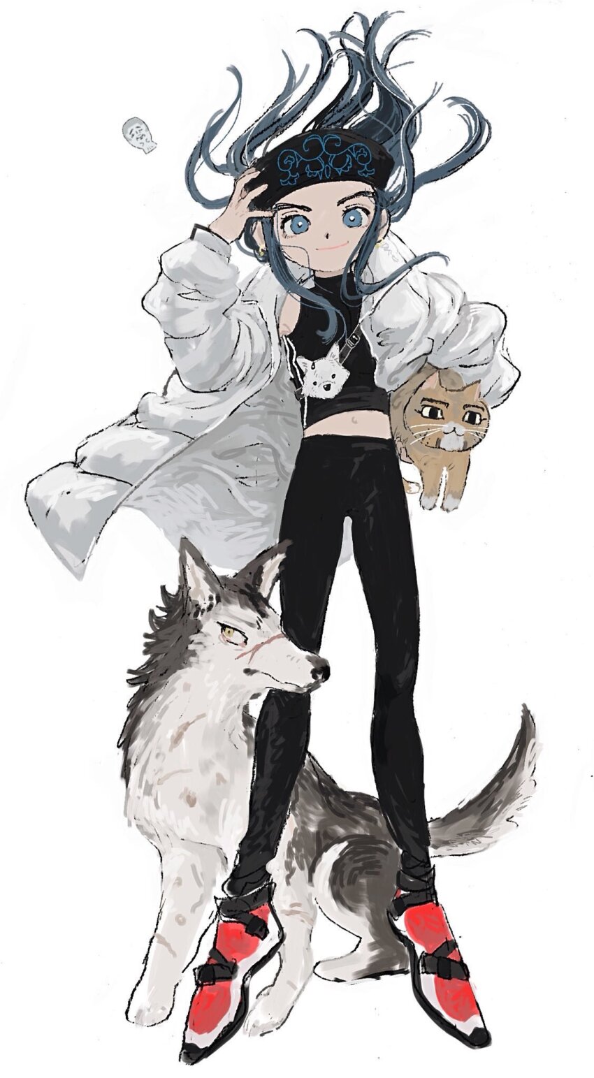 1girl ainu alternate_costume animal animalization asirpa bad_id bad_twitter_id black_headband black_pants black_shirt blue_eyes blue_hair cat closed_mouth coat commentary dog earrings english_commentary floating_hair full_body golden_kamuy hand_up headband highres holding holding_animal holding_cat inactive_account jewelry kinuc long_hair long_sleeves looking_at_viewer midriff ogata_hyakunosuke open_clothes open_coat pants red_shoes shirt shoes simple_background smile solo standing sugimoto_saichi white_background white_coat