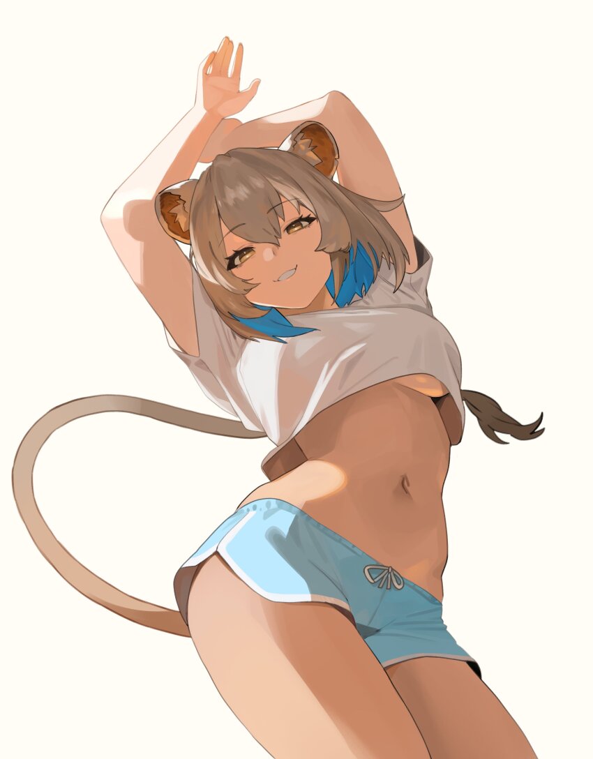 1girl absurdres animal_ear_fluff animal_ears arms_up blue_hair blue_shorts breasts colored_inner_hair cropped_shirt grey_hair grin hazumi_aileen highres indie_virtual_youtuber lion_ears lion_girl lion_tail long_hair multicolored_hair navel shirt shorts smile solo tail thernz underboob virtual_youtuber white_shirt