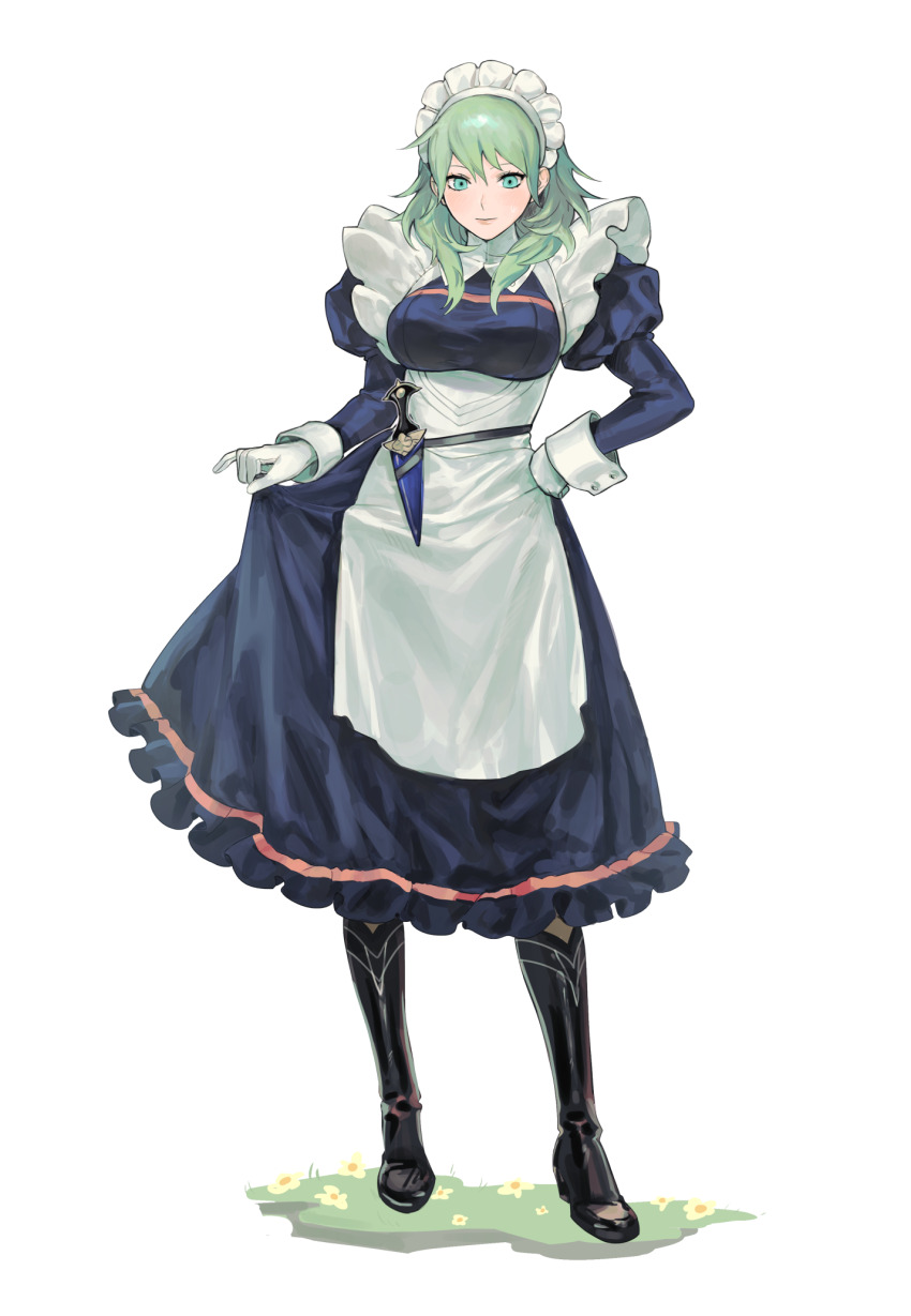 1girl apron black_footwear boots breasts byleth_(female)_(fire_emblem) byleth_(fire_emblem) clothes_lift dagger dress enlightened_byleth_(female) fire_emblem fire_emblem:_three_houses full_body gloves green_eyes green_hair hair_between_eyes high_heel_boots high_heels highres juliet_sleeves knife lifting_own_clothes long_sleeves maid maid_headdress medium_breasts medium_hair neekosiah nintendo puffy_sleeves sheath sheathed simple_background skirt skirt_hold skirt_lift solo standing weapon white_apron white_background white_gloves