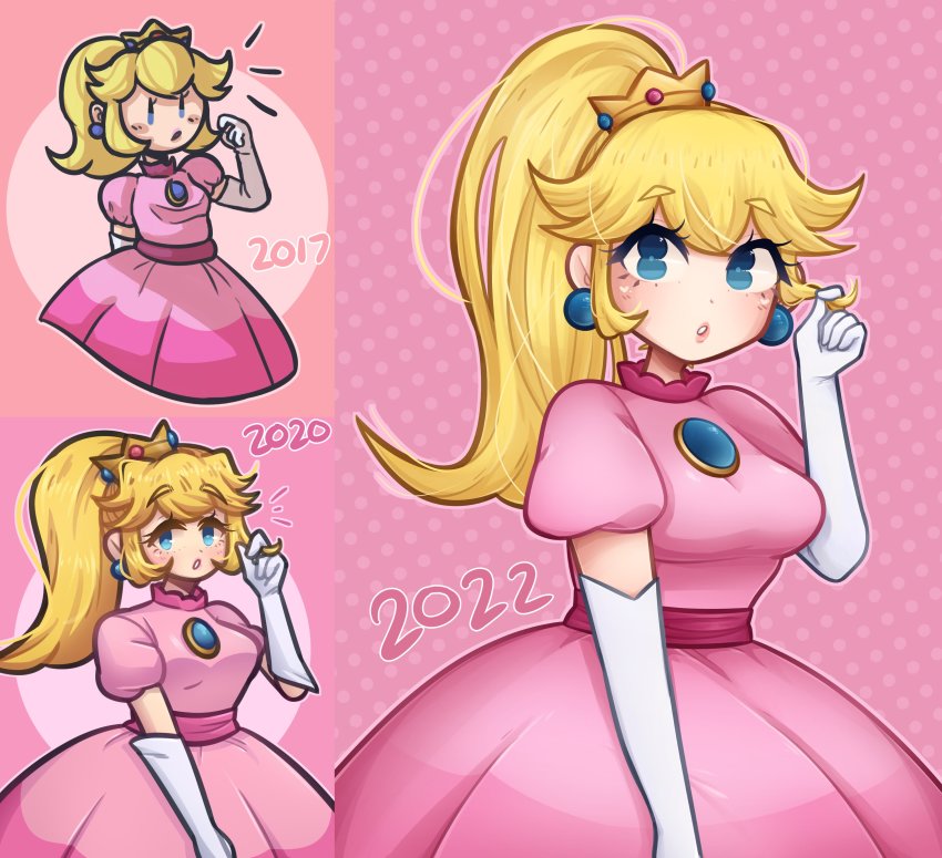 absurdres blonde_hair blue_eyes crown dress drfrogphd earrings gloves highres jewelry looking_at_viewer mario_(series) nintendo pink_background pink_dress ponytail princess_peach super_mario_bros._1 white_gloves