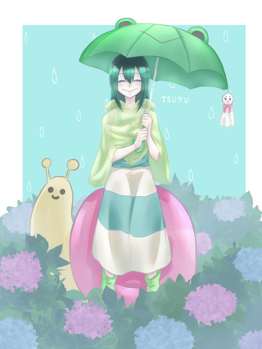 1girl animal animal-themed_umbrella asui_tsuyu blue_flower boku_no_hero_academia character_name closed_eyes dress flower green_footwear green_hair green_umbrella highres holding holding_umbrella hydrangea long_hair moonlight_orca oversized_animal pink_flower rain raincoat see-through_clothes see-through_raincoat smile snail solo striped_clothes striped_dress teruterubouzu umbrella