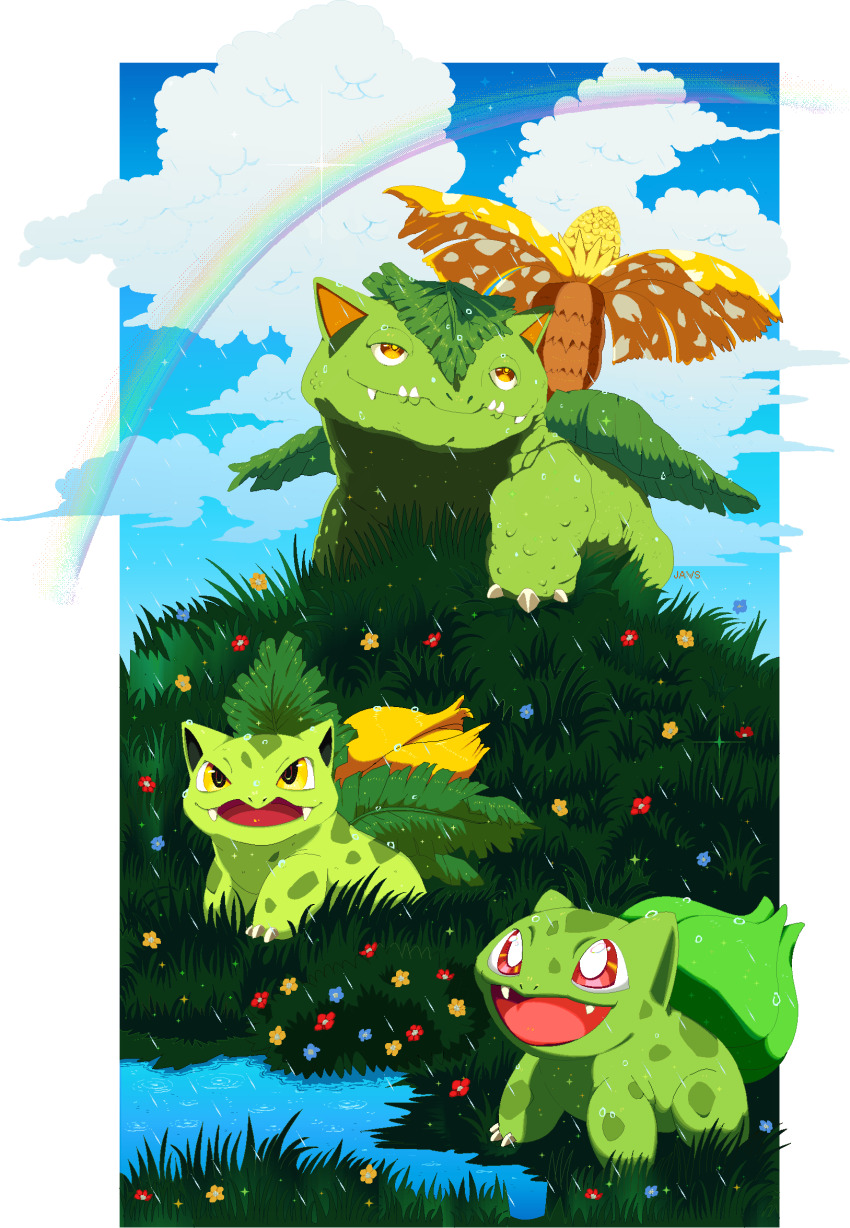 alpha_transparency alternate_color blue_flower blue_sky bulbasaur claws closed_mouth cloud creatures_(company) day evolutionary_line flower game_freak gen_1_pokemon grass highres ivysaur nintendo no_humans open_mouth outdoors pokemon pokemon_(creature) puddle rain rainbow red_flower sharp_teeth shiny_pokemon signature sky sparkle teeth venusaur willow-pendragon yellow_eyes yellow_flower