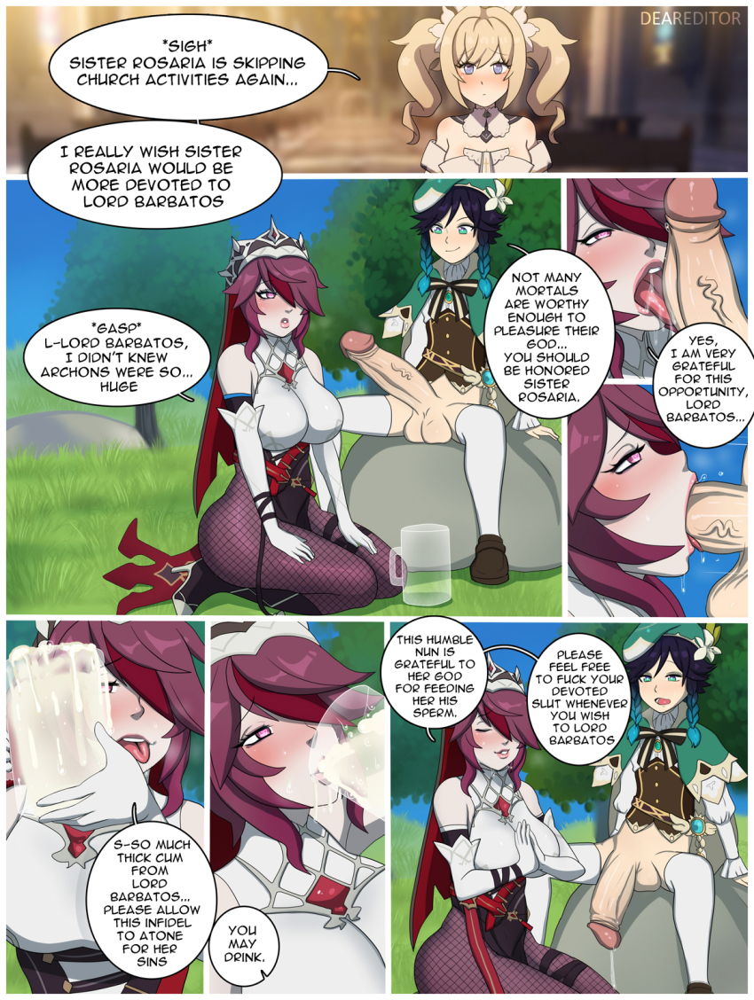 bad_tag barbara_(genshin_impact) cum cup deareditor drinking_glass english_text genshin_impact gokkun highres large_penis penis rosaria_(genshin_impact) tagme venti_(genshin_impact)