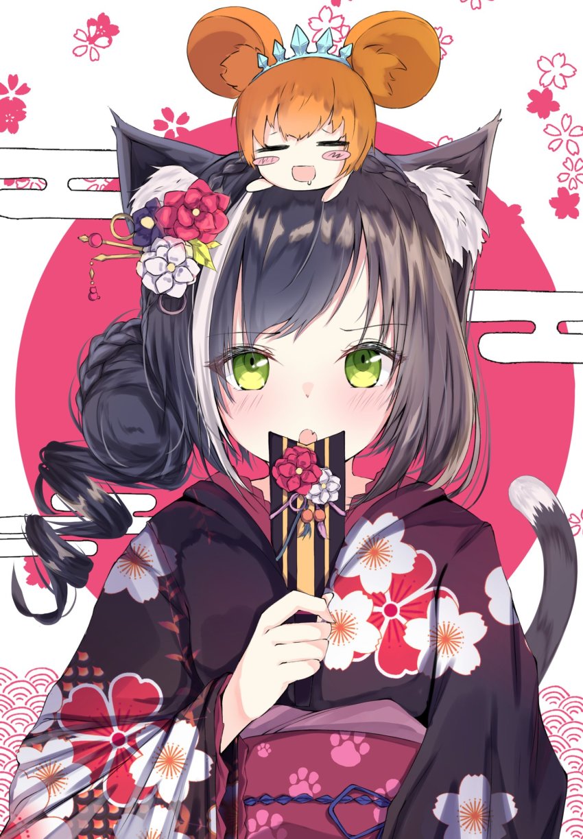 2girls :d :o animal_ear_fluff animal_ears black_flower black_hair black_kimono blush blush_stickers cat_ears cat_girl cat_tail cherry_blossoms chibi chibi_on_head chinese_zodiac closed_eyes commentary_request egasumi fang floral_background floral_print flower green_eyes hair_flower hair_ornament highres japanese_clothes karyl_(new_year)_(princess_connect!) karyl_(princess_connect!) kei_(limitedgirl) kimono long_sleeves looking_at_viewer mini_person minigirl mouse_ears multicolored_hair multiple_girls obi on_head open_mouth pecorine_(princess_connect!) princess_connect! print_kimono red_flower sash smile streaked_hair tail tail_raised tiara upper_body white_flower white_hair wide_sleeves year_of_the_rat