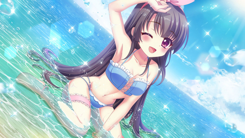 1girl ;d anklet arm_up armpits barefoot between_legs bikini black_hair blue_bikini blue_sky blush bow bow_hairband breasts cleavage cloud collarbone cross-laced_bikini cross-laced_clothes day dot_nose dutch_angle film_grain game_cg hairband hand_between_legs horizon ichikishima_mizuha izumi_tsubasu jewelry lens_flare long_hair looking_at_viewer medium_breasts navel non-circular_lens_flare non-web_source ocean official_art on_ground one_eye_closed open_mouth outdoors partially_submerged pink_bow pink_hairband purple_eyes re:stage! sitting sky smile solo sparkle straight_hair string_bikini sunlight swimsuit thigh_strap very_long_hair wariza water_drop