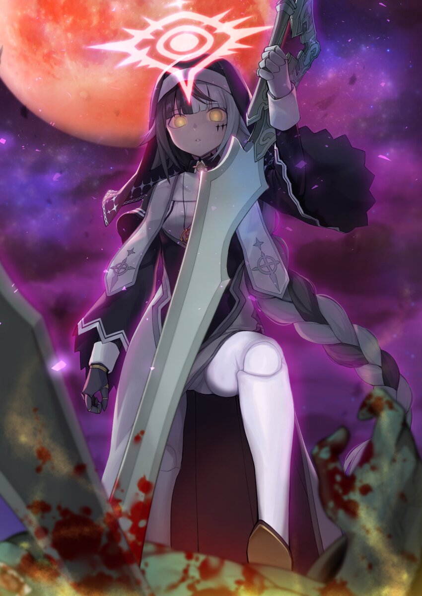 1girl absurdres arrow_cross black_capelet black_hair blood bloody_weapon borrowed_character braid braided_ponytail capelet celtic_cross coif cross doll_joints dress facial_mark full_body full_moon gauntlets habit halo highres holding holding_weapon joints looking_at_viewer moon multicolored_hair night night_sky nun original outdoors parted_lips sky solo stole two-tone_hair veil violet_(ac8231) weapon white_hair yellow_eyes yuzuriha_(active_homing)