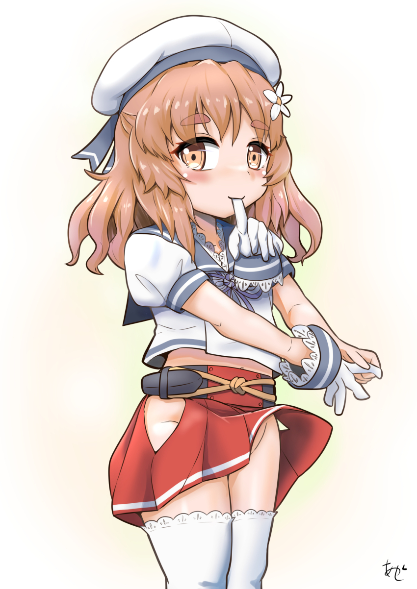 1girl akashieru artist_logo blue_sailor_collar brown_eyes brown_hair commentary_request gloves hat highres kantai_collection long_hair mouth_hold no_panties one-hour_drawing_challenge sailor_collar sailor_hat sailor_shirt school_uniform serafuku shirt single_glove solo thighhighs unworn_gloves white_gloves white_hat white_shirt white_thighhighs yashiro_(kancolle)