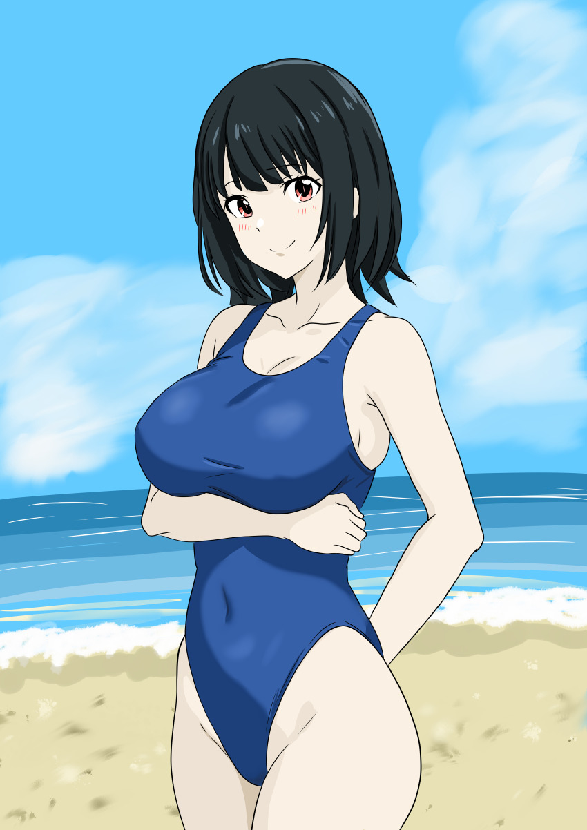 1girl absurdres black_hair blue_one-piece_swimsuit blue_sky bone_namu(namu49850) breasts cloud commentary_request competition_swimsuit covered_navel cowboy_shot day highleg highleg_one-piece_swimsuit highres kantai_collection large_breasts one-piece_swimsuit outdoors red_eyes short_hair sky solo standing swimsuit takao_(kancolle)