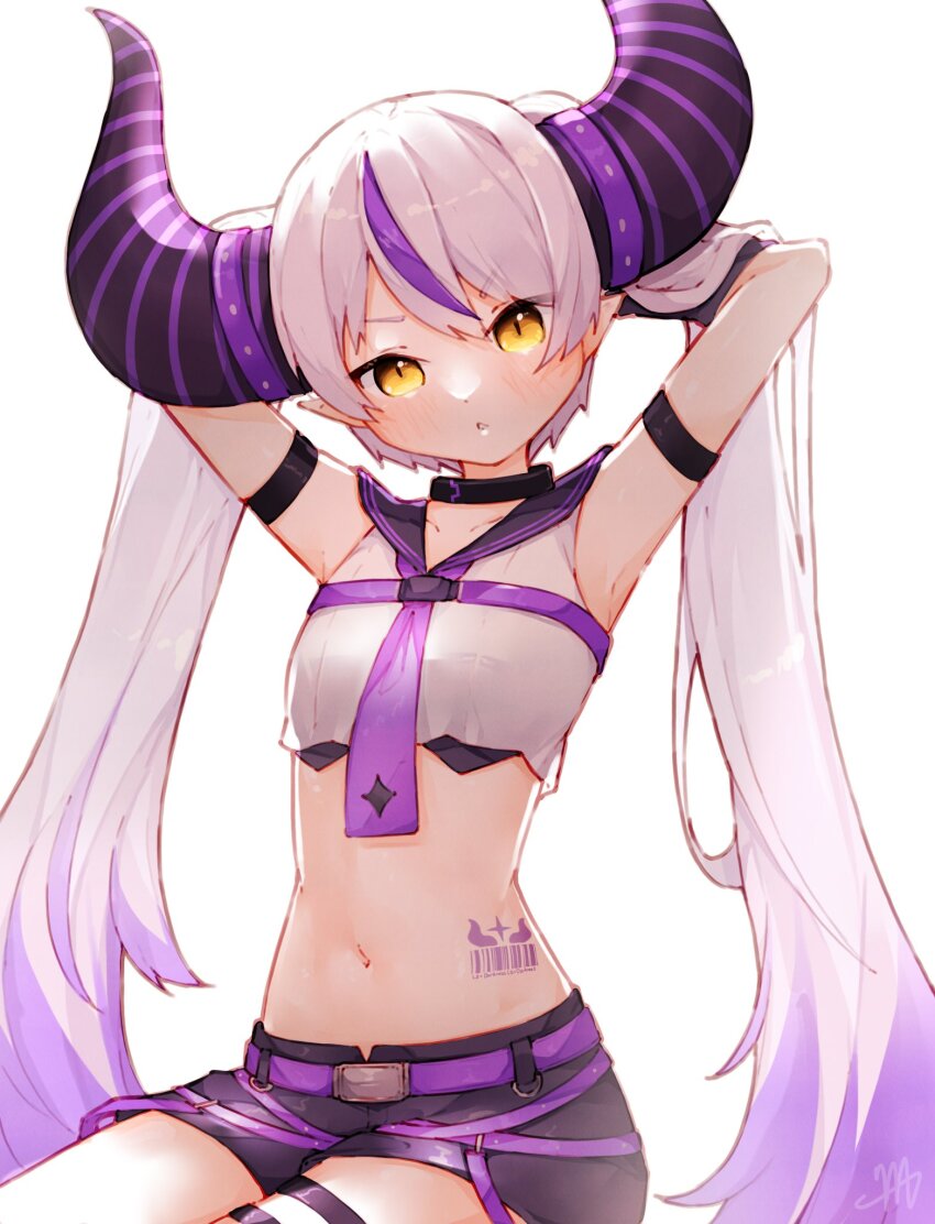 1girl arm_strap armpits belt black_choker bow breasts choker commentary crop_top english_commentary hair_between_eyes highres hololive la+_darknesss la+_darknesss_(4th_costume) long_hair looking_at_viewer ma_draws midriff multicolored_hair navel necktie purple_bow purple_hair purple_necktie purple_shorts purple_skirt sailor_collar shorts simple_background skirt solo streaked_hair tattoo twintails very_long_hair virtual_youtuber white_background yellow_eyes