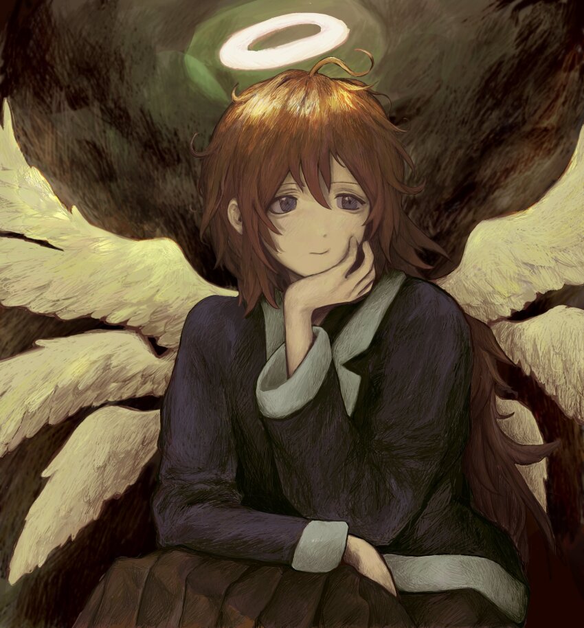 1girl angel angel_wings brown_hair closed_mouth haibane_renmei hair_between_eyes halo highres long_hair multiple_wings ny4_3zk rakka_(haibane) solo traditional_halo wings