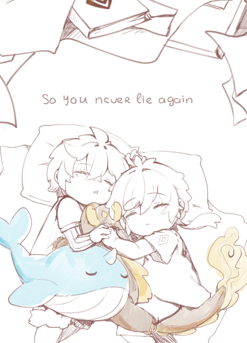 2boys dochi_ddoo english_text genshin_impact greyscale highres image_sample monochrome multiple_boys pixiv_sample seafood sleeping stuffed_animal stuffed_toy tartaglia_(genshin_impact) whale white_background zhongli_(genshin_impact)