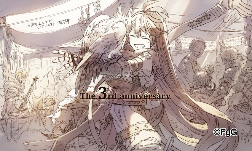 ahoge almira_(ta_ga_tame_no_alchemist) anniversary artist_name bird character_request child cowboy_shot facing_animal gauntlets grin long_hair monochrome official_art outstretched_arm second-party_source signature sitting smile solo_focus standing ta_ga_tame_no_alchemist very_long_hair watarubou