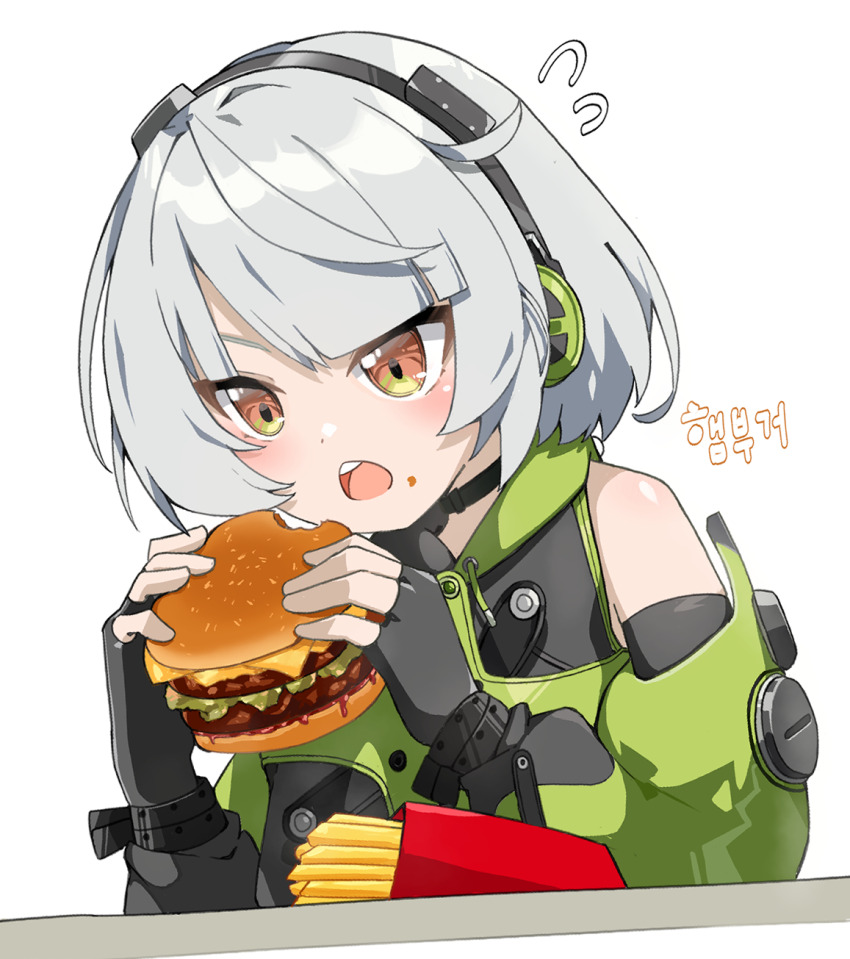 1girl anby_demara bare_shoulders black_gloves burger fingerless_gloves food french_fries gloves green_jacket grey_hair headphones highres holding holding_burger holding_food jacket lancer_(worudrleh1) open_mouth orange_eyes short_hair simple_background solo upper_body white_background zenless_zone_zero