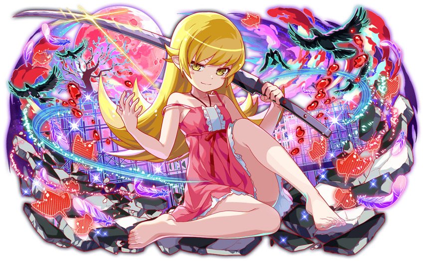 1girl 4others bakemonogatari bare_arms bare_legs bare_shoulders barefoot bird black_bird blonde_hair blood blush_stickers cel_shading closed_mouth collarbone crash_fever dress feathers feet flipped_hair frilled_dress frills full_body full_moon game_cg hands_up holding holding_sword holding_weapon katana knee_up kokorowatari legs lens_flare long_hair monogatari_(series) moon multiple_others official_art ootachi oshino_shinobu outdoors outline petite pink_dress pointy_ears purple_feathers ravens red_moon red_outline short_dress sidelocks sleeveless sleeveless_dress solo_focus strap_slip sword tachi-e thighs toenails toes transparent_background weapon yellow_eyes