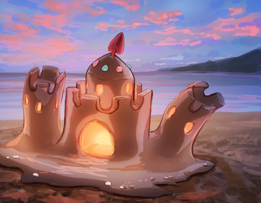 cloud commentary_request creatures_(company) fusenryo game_freak gen_7_pokemon glowing highres nintendo no_humans outdoors palossand pokemon pokemon_(creature) sand sand_castle sand_sculpture shore sky twilight water