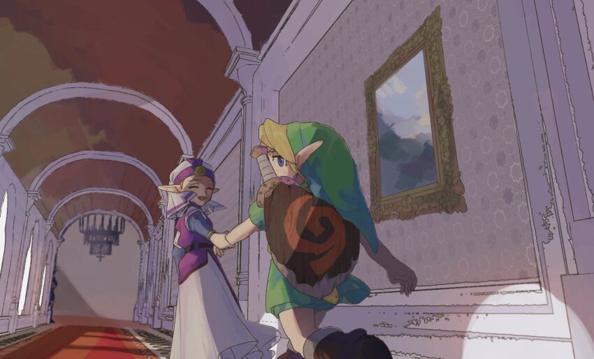 1boy 1girl belt blonde_hair blue_eyes blue_sleeves boots brown_belt brown_footwear chandelier child closed_eyes deku_shield dress green_hat green_tunic hat highres holding_another&#039;s_wrist indoors kokiri_sword link long_dress long_sleeves looking_at_another looking_back nintendo open_mouth painting_(object) pink_dress pointy_ears princess_zelda puffy_long_sleeves puffy_sleeves shield shield_on_back smile sword the_legend_of_zelda the_legend_of_zelda:_ocarina_of_time tunic two-tone_dress walking weapon weapon_on_back white_dress white_headdress yamori_(yamoooon21) young_link young_zelda