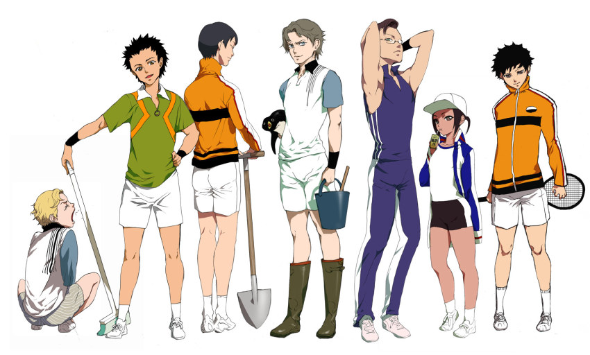 1girl 6+boys akutagawa_jirou atobe_keigo bad_id bad_pixiv_id bird bucket hat highres kirihara_akaya kite_eishirou minami_kentarou miwa_hitomi multiple_boys penguin screencap shovel tennis tennis_no_ouji-sama worktool yanagi_renji