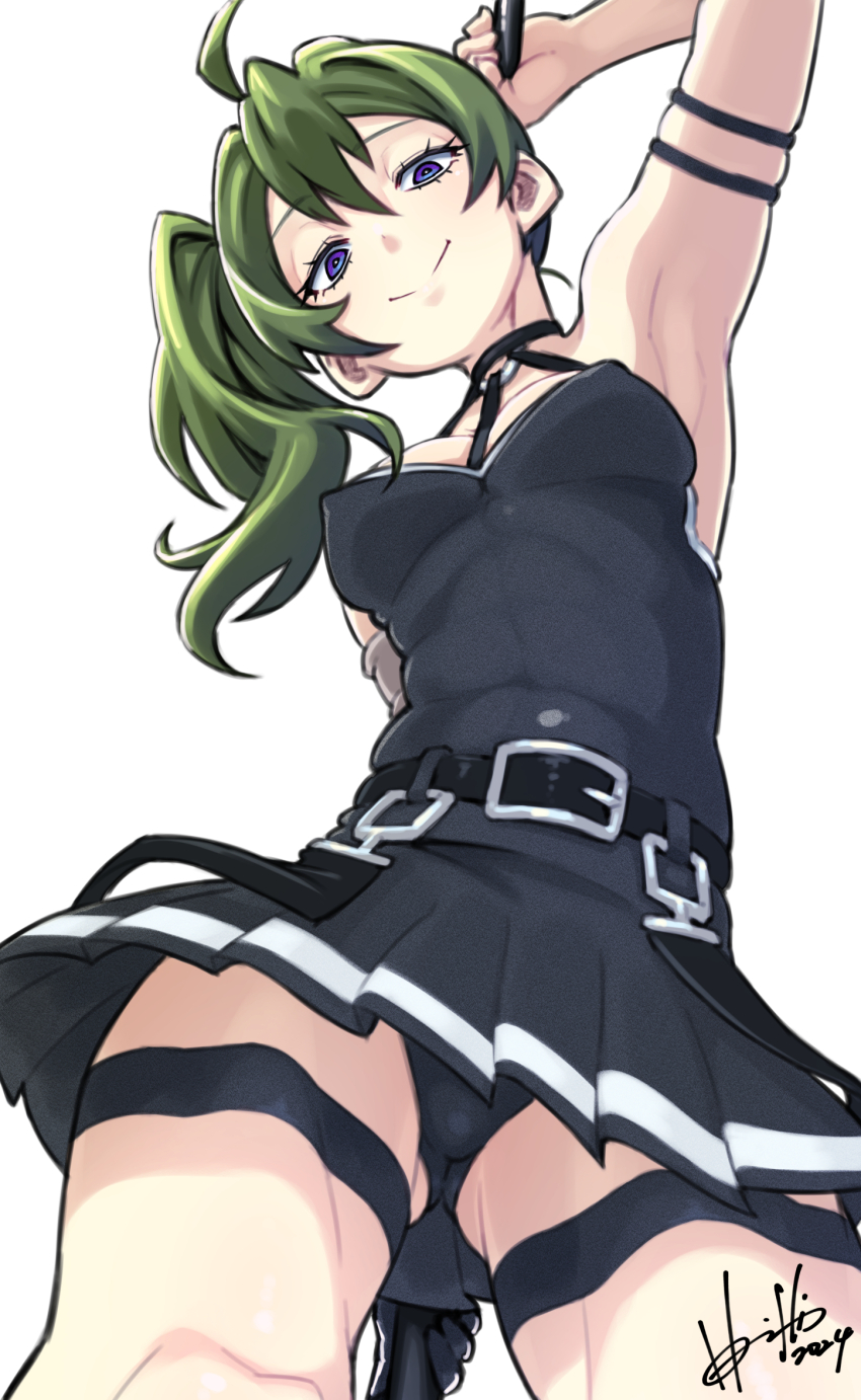 1girl armlet armpits artist_name bare_shoulders belt black_belt black_choker black_dress breasts cameltoe choker commentary_request dress green_hair hair_between_eyes highres holding hori_shin jewelry looking_at_viewer looking_down o-ring o-ring_choker pleated_dress purple_eyes side_ponytail simple_background smile solo sousou_no_frieren thigh_strap ubel_(sousou_no_frieren) white_background