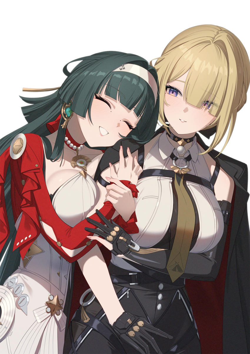 2girls arm_hug astra_yao black_choker black_gloves black_hair black_jacket black_pants blonde_hair breasts choker closed_eyes commentary cowboy_shot dress earrings elbow_gloves evelyn_chevalier gloves hair_intakes hairband hashtag-only_commentary highres jacket jacket_on_shoulders jewelry large_breasts long_hair looking_at_another meda multiple_girls necktie pants parted_lips purple_eyes red_jacket shirt short_hair simple_background single_elbow_glove smile strapless strapless_dress tight_clothes tight_pants white_background white_dress white_hairband white_shirt yellow_necktie