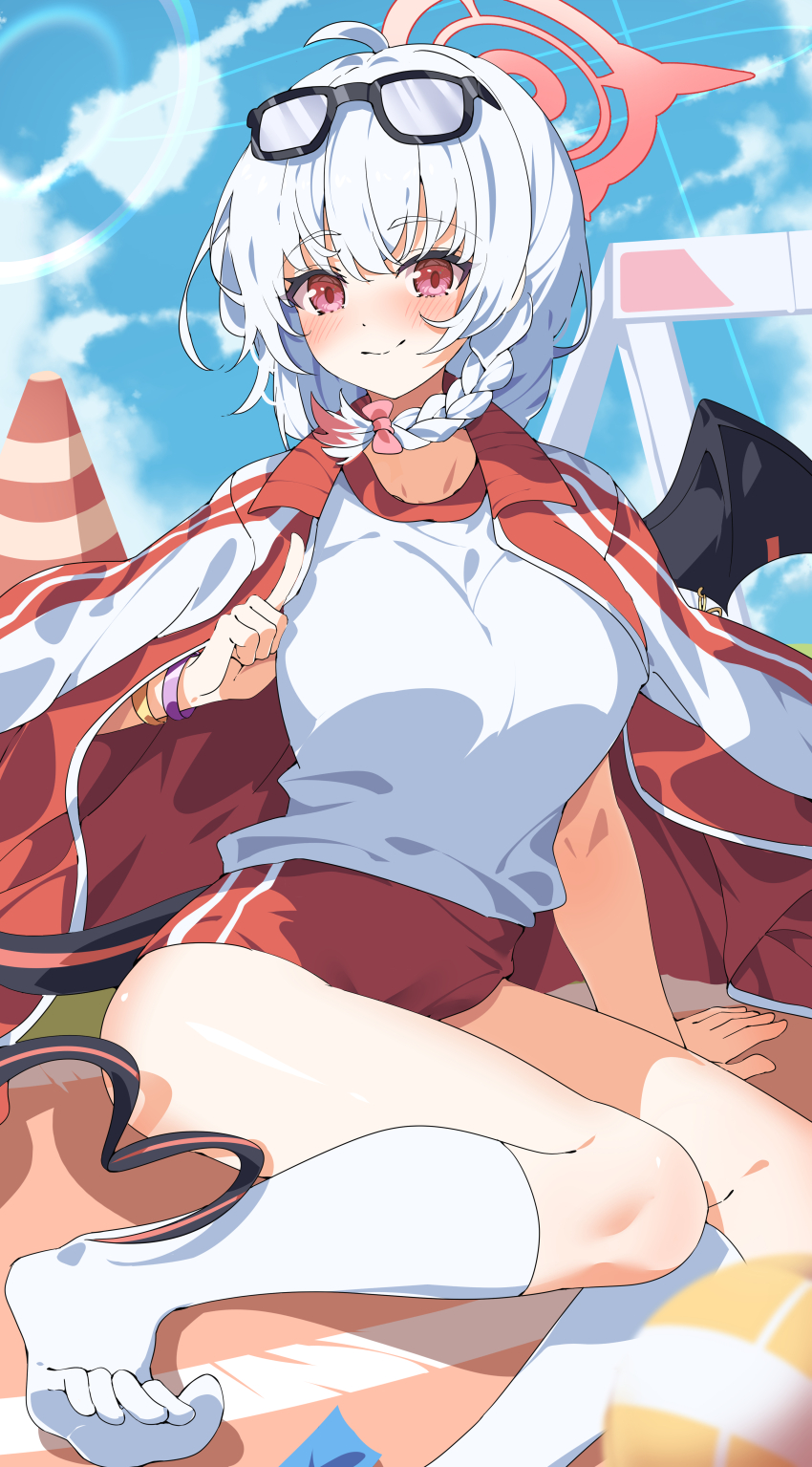 1girl absurdres ahoge arm_support blue_archive blue_sky blurry blush bow bracelet braid buruma chinese_commentary closed_mouth commentary day demon_wings depth_of_field eyewear_on_head feet_out_of_frame grey_hair gym_uniform hair_between_eyes hair_bow halo hand_up happy haruna_(blue_archive) haruna_(track)_(blue_archive) highres hua-huahua index_finger_raised jacket jacket_on_shoulders jewelry kneehighs looking_at_viewer medium_hair no_shoes official_alternate_costume outdoors pink_bow red_buruma red_eyes red_halo red_jacket shirt single_braid single_wing sitting sky smile socks solo split_mouth sunglasses thighs toes track_jacket tsurime variant_set white_shirt white_socks wings yokozuwari