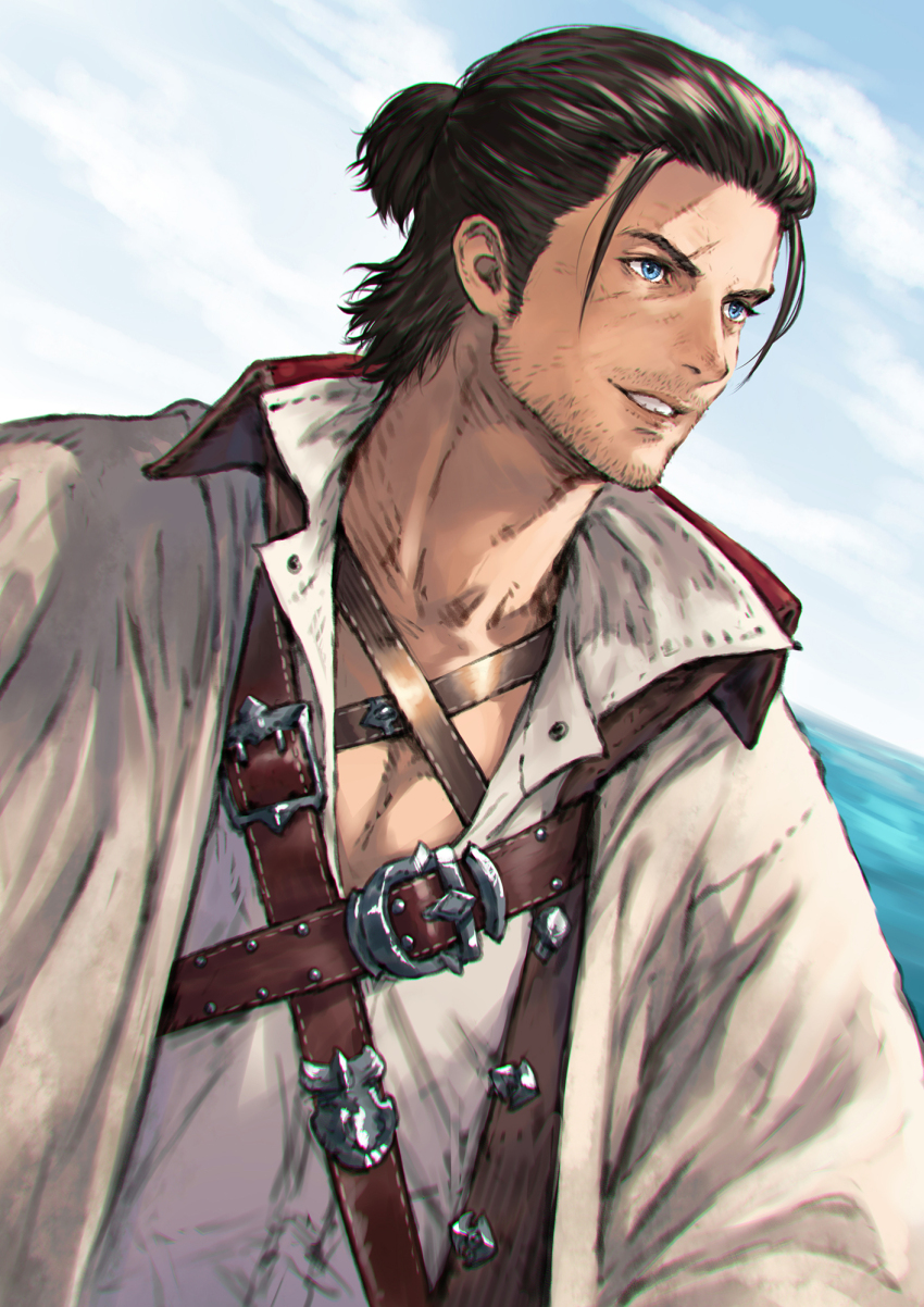 1boy adventurer_(ff14) beard_stubble black_hair blue_eyes blue_sky cloud facial_hair final_fantasy final_fantasy_xiv flower grin hair_slicked_back highres makimura_shunsuke male_focus mature_male mustache_stubble ocean open_clothes open_robe outdoors robe rose shirt sky smile solo stubble teeth warrior_of_light_(ff14) water white_flower white_rose white_shirt