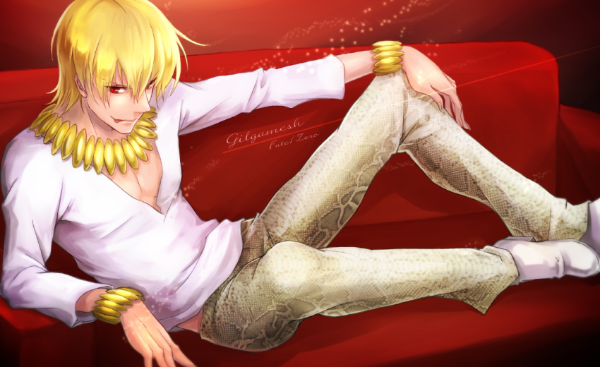 1boy blonde_hair bracelet couch fate/zero fate_(series) gilgamesh_(fate) jewelry licking_lips male_focus momopanda necklace official_alternate_costume red_eyes red_upholstery snakeskin_print solo tongue tongue_out