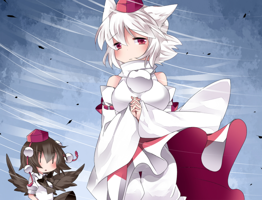 2girls animal_ears bad_id bad_pixiv_id bare_shoulders bloomers bow brown_hair commentary_request detached_collar dress_shirt hammer_(sunset_beach) own_hands_clasped hat inubashiri_momiji looking_at_viewer multiple_girls own_hands_together pom_pom_(clothes) red_legwear shameimaru_aya shirt short_hair skirt tokin_hat touhou typhoon underwear white_hair wide_sleeves wind wings wolf_ears |_|