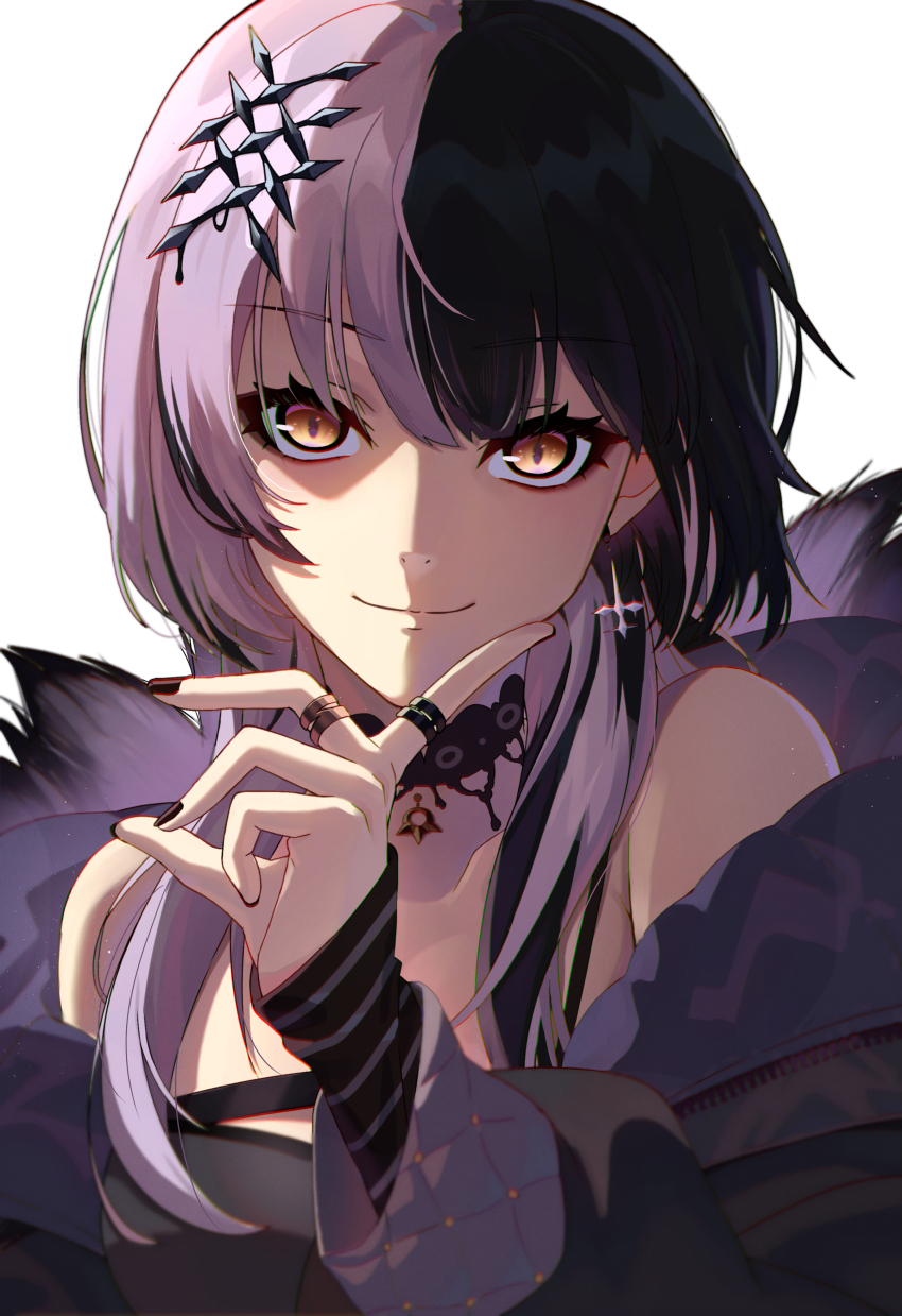 1girl absurdres bare_shoulders black_hair black_nails chantu_irasu dress grey_hair hair_ornament hand_on_own_cheek hand_on_own_face highres hololive hololive_english jewelry long_hair multicolored_hair partially_shaded_face ring shiori_novella shiori_novella_(1st_costume) simple_background solo split-color_hair strapless strapless_dress thick_eyelashes two-tone_hair upper_body virtual_youtuber white_background yellow_eyes