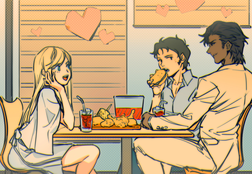 1girl 2boys black_eyes black_hair blonde_hair blue_eyes brown_eyes brown_hair burger chair chicken_(food) dark-skinned_male dark_skin dress drink eating food fried_chicken gigi_andalusia gundam gundam_hathaway&#039;s_flash hangleing hathaway_noa heart holding holding_burger holding_food indoors jacket kenneth_sleg long_hair looking_at_another multiple_boys pants restaurant shirt short_hair short_sleeves sitting smile table white_dress