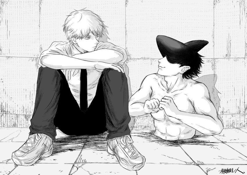 2boys beam_(chainsaw_man) black_hair chainsaw_man collared_shirt commentary denji_(chainsaw_man) facing_another greyscale highres looking_at_viewer male_focus monochrome multiple_boys necktie nenashibito shark_boy shirt short_hair sitting sleeves_rolled_up smile topless_male