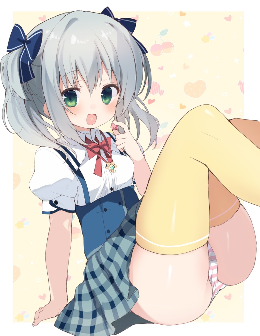 1girl :d ama_koi_syrups arm_at_side blue_bow blue_skirt blush border bow bowtie candy commentary_request feet_out_of_frame food green_eyes grey_hair hair_between_eyes hair_bow hand_up happy heart heart_in_mouth high-waist_skirt highres holding holding_candy holding_food katori_rin knees_up looking_at_viewer medium_hair open_mouth outside_border panties plaid_clothes plaid_skirt puffy_short_sleeves puffy_sleeves red_bow red_bowtie shirt short_sleeves sidelocks simple_background sitting skindentation skirt smile solo striped_clothes striped_panties suspender_skirt suspenders takepoison tareme thighhighs thighs twintails underwear white_border white_shirt yellow_background yellow_thighhighs