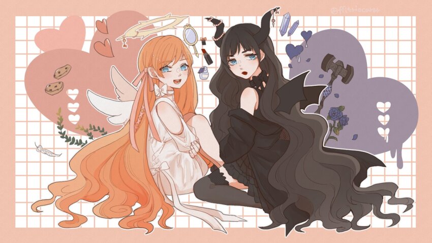 2girls :d angel_wings black_coat black_dress black_hair blue_eyes blue_flower blue_rose blush bottle coat collar cookie cosmetics demon_horns demon_wings dress expressionless ff14riocurar final_fantasy final_fantasy_xiv flower food frilled_collar frills gaia_(ff14) grid_background hair_ribbon halo hammer hand_mirror heart highres horns jewelry lipstick lipstick_tube long_hair looking_at_viewer makeup mirror multiple_girls off_shoulder open_mouth orange_hair perfume_bottle pink_ribbon red_lips ribbon rose ryne_waters sitting smile spiked_halo twitter_username very_long_hair white_dress wings