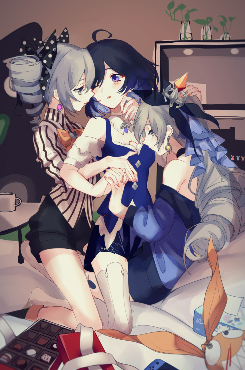 3girls absurdres ahoge black_bow black_hair black_shorts black_skirt blue_eyes blue_hair blue_vest bow bowtie box box_of_chocolates breasts bronya_zaychik bronya_zaychik_(herrscher_of_reason) bronya_zaychik_(wolf&#039;s_dawn) closed_mouth coffee_mug collared_shirt cup detached_collar drill_hair drill_sidelocks expressionless girl_on_top grey_eyes grey_hair hair_between_eyes hair_bow hand_on_another&#039;s_head highres holding_hands homu_(honkai_impact) honkai_(series) honkai_impact_3rd indoors kneeling light_blush long_hair looking_at_another mie_xing mug multicolored_hair multiple_girls off_shoulder on_bed one_eye_closed orange_bow orange_bowtie parted_lips polka_dot polka_dot_bow seele_vollerei seele_vollerei_(azure_memories) seele_vollerei_(swallowtail_phantasm) shirt short_hair shorts sidelocks sitting skirt sleeves_past_elbows small_breasts striped_clothes striped_shirt thighhighs two-tone_hair vest white_shirt white_thighhighs yuri