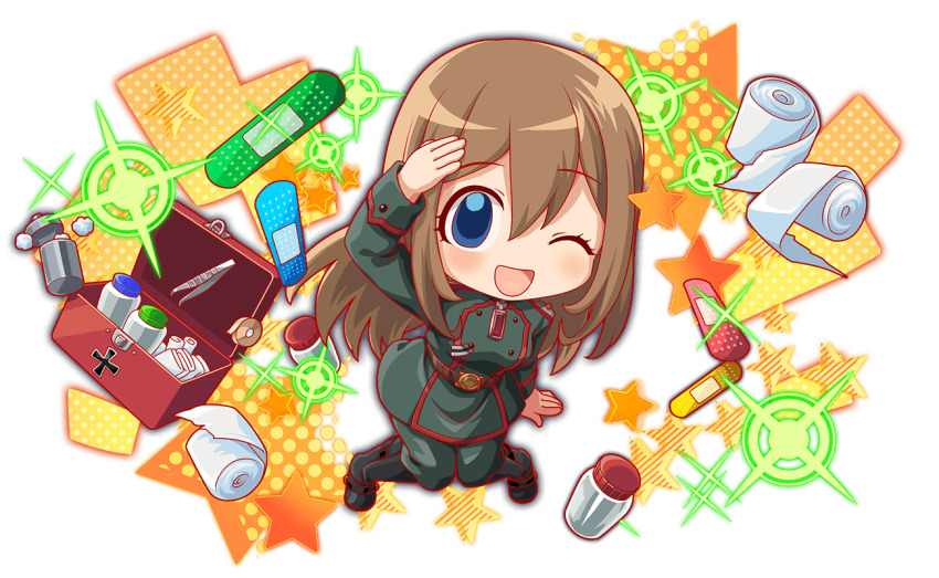 1girl anime_coloring arm_at_side arm_up artist_request bandages bandaid belt belted_jacket black_footwear blue_eyes blush boots brown_belt buttoned_cuffs buttons chibi chibi_only cotton_swab crash_fever cross double-breasted eyelashes first_aid_kit full_body game_cg gem green_jacket green_pants green_sleeve_cuffs green_sleeves hair_between_eyes happy isekai_quartet jacket jar knee_boots knees_together_feet_apart lid long_hair long_sidelocks long_sleeves looking_at_viewer military_jacket military_uniform official_art official_style one_eye_closed open_box outline pants polka_dot red_gemstone red_outline salute sidelocks sleeve_cuffs solo sparkle star_(symbol) straight_hair tachi-e tape third-party_source transparent_background tweezers viktoriya_ivanovna_serebryakov youjo_senki