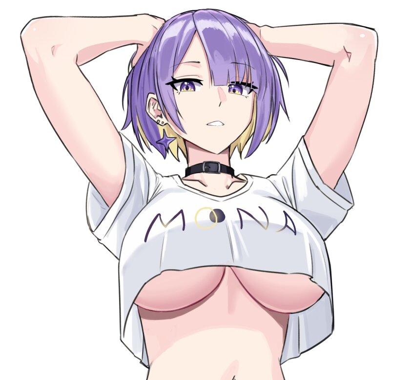 1girl arms_up black_choker blonde_hair breasts choker clothes_writing collarbone commentary cropped_shirt earrings english_commentary floating_earring hands_on_own_head highres hololive hololive_indonesia jewelry kuon_bb large_breasts looking_at_viewer moona_hoshinova moona_hoshinova_(casual) multicolored_hair official_alternate_costume parted_lips purple_eyes purple_hair shirt short_hair short_sleeves simple_background single_earring solo two-tone_eyes two-tone_hair underboob upper_body virtual_youtuber white_background white_shirt yellow_eyes