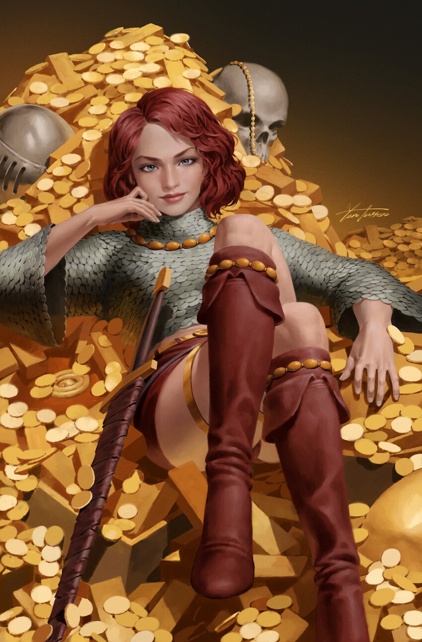 1girl alternate_costume alternate_hairstyle armor boots coin crossed_legs gold gold_coin green_eyes highres looking_at_viewer red_footwear red_hair red_sonja red_sonja_(comics) scale_armor short_hair signature sitting skull solo sword weapon yoon_junggeun