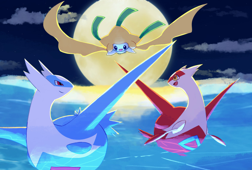 cloud creatures_(company) flying full_moon game_freak gen_3_pokemon happy highres jirachi latias latios legendary_pokemon moon mythical_pokemon night nintendo no_humans oemmtoru open_mouth pokemon pokemon_(creature) smile water wings