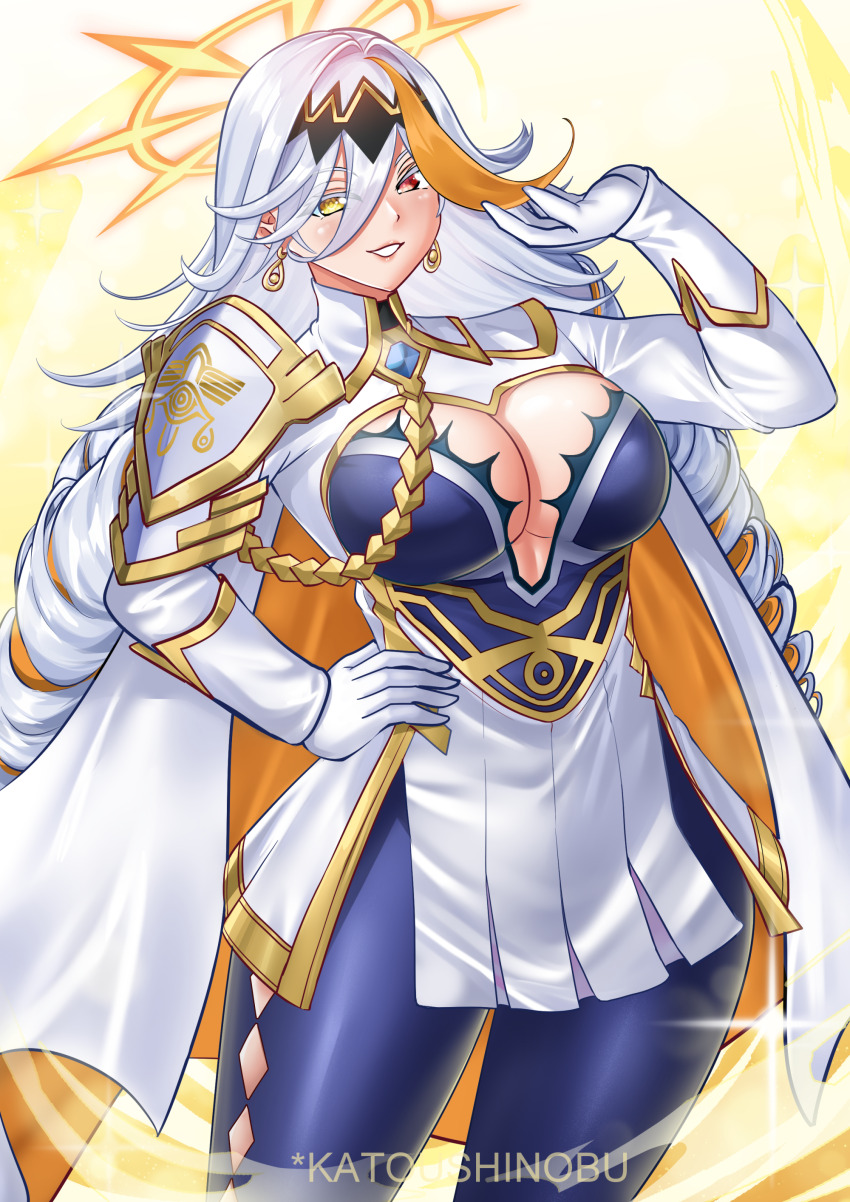 1girl absurdres arm_up armor artist_name baldr_(fire_emblem_heroes) blue_thighhighs breasts cape cleavage earrings fire_emblem fire_emblem_heroes gloves grin halo hand_on_own_hip heterochromia highres jewelry katou_shinobu large_breasts long_hair nintendo orange_cape pauldrons shoulder_armor single_pauldron smile solo thighhighs two-tone_cape white_cape white_gloves white_hair