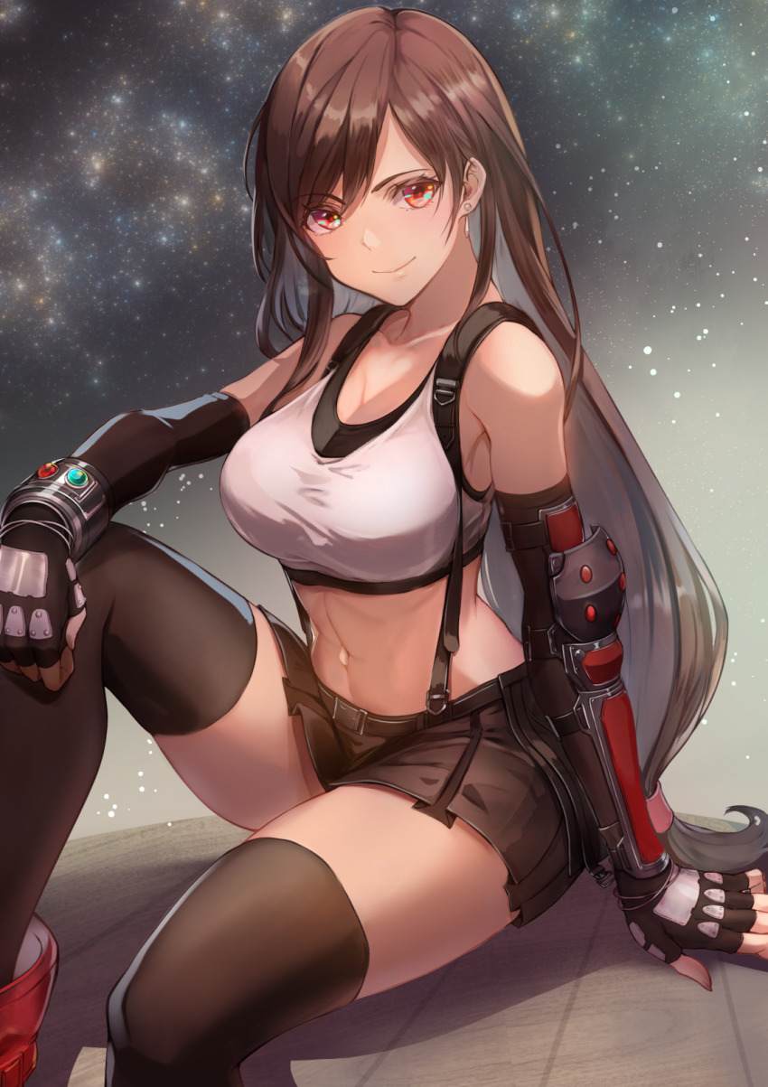 1girl bare_shoulders breasts brown_hair cleavage closed_mouth collarbone crop_top final_fantasy final_fantasy_vii final_fantasy_vii_remake fingerless_gloves gloves highres large_breasts linea_alba long_hair looking_at_viewer low-tied_long_hair midriff navel night night_sky omoti_(1201208) orange_eyes short_shorts shorts sitting skirt sky smile solo star_(sky) starry_sky suspender_shorts suspender_skirt suspenders thighhighs tifa_lockhart very_long_hair