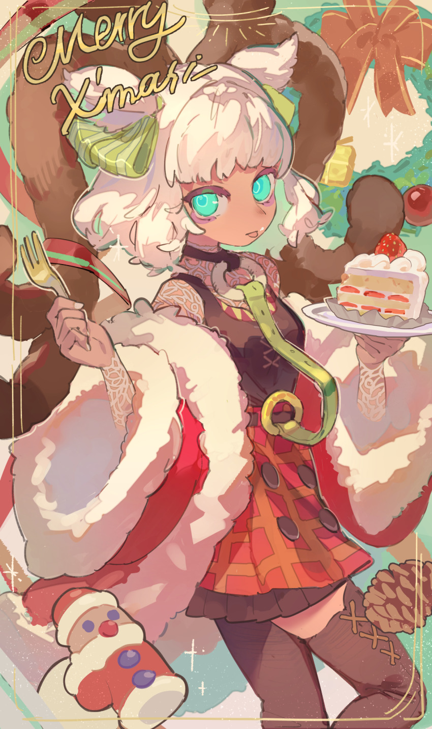 1girl blue_eyes bow cake cake_slice christmas coat collar commentary_request food fork fruit fur-trimmed_coat fur-trimmed_sleeves fur_trim hair_bow highres holding holding_fork holding_plate lace_sleeves leash medium_hair merry_christmas o-ring off_shoulder original pinecone plate santa_claus shirt skirt sleeveless sleeveless_shirt solo strawberry strawberry_shortcake thighhighs tongue tongue_out two_side_up ushinoki white_hair wreath