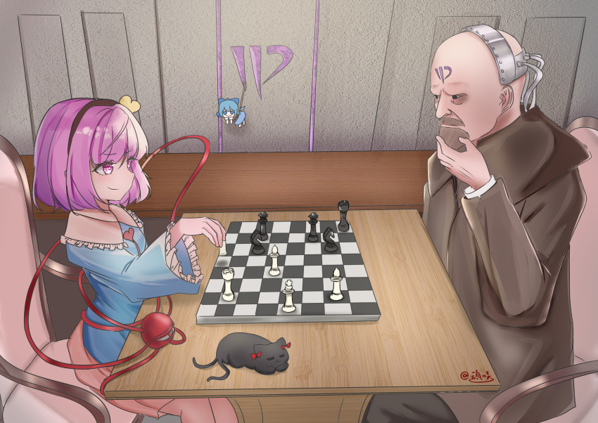 1boy 1other 2091966 2girls absurdres bald barefoot beard black_eyes black_pants blue_bow blue_dress blue_eyes blue_hair board_game bob_cut bow brown_coat chess chess_piece chibi cirno closed_eyes closed_mouth coat command_&amp;_conquer commentary_request dress facial_hair facial_mark forehead_mark frilled_dress frills hair_bow highres holding holding_chess_piece indoors kaenbyou_rin kaenbyou_rin_(cat) komeiji_satori medium_hair multiple_girls mustache on_chair pants pink_eyes pink_hair pink_skirt playing_chess red_ribbon restrained ribbon rope sitting skirt sleeping smile smug thinking third_eye touhou wings yuri_(c&amp;c)